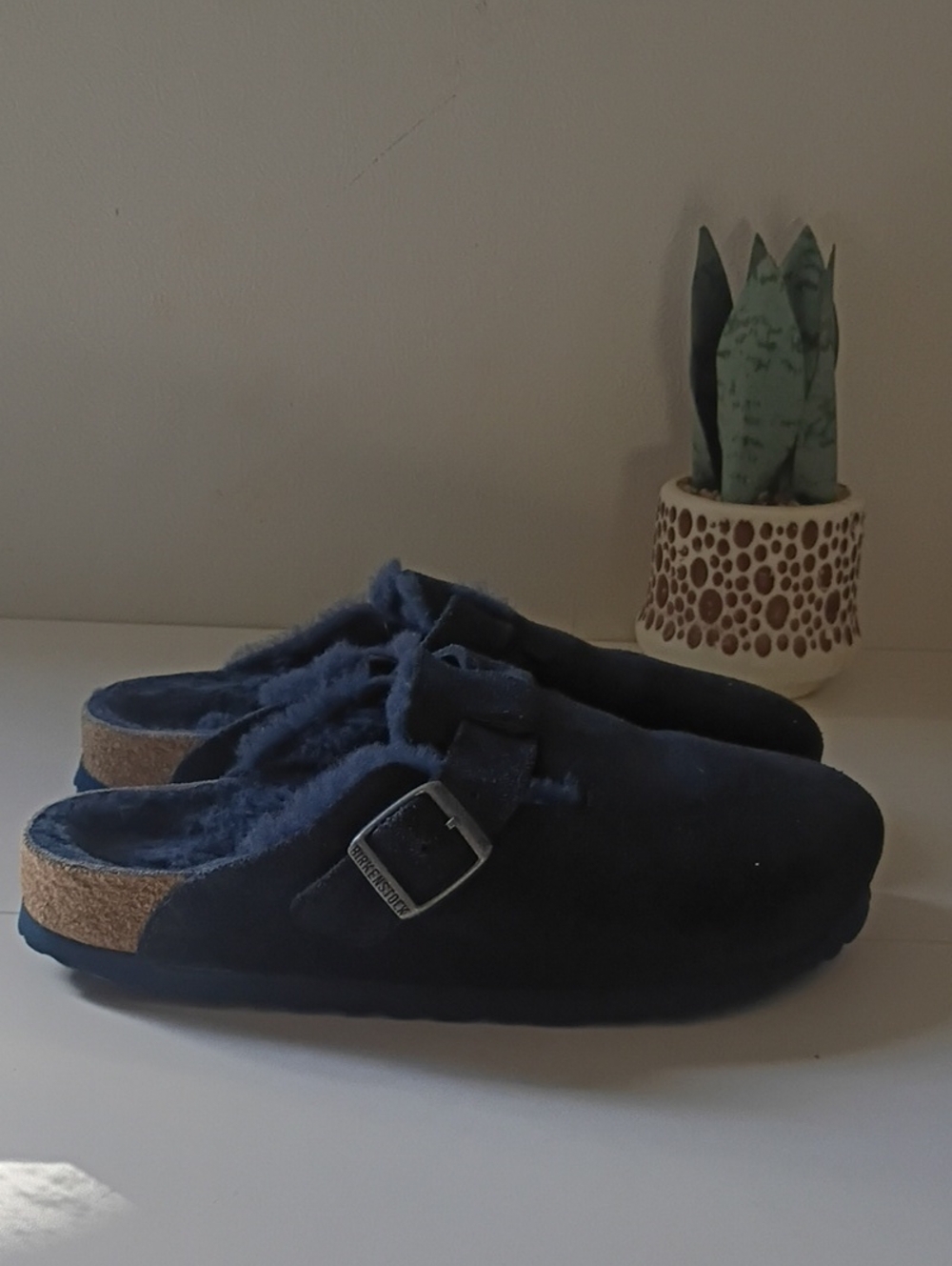 Birkenstock Boston Shearling Clogs Blue Suede Leather Size 37 US Women's 6-6.5